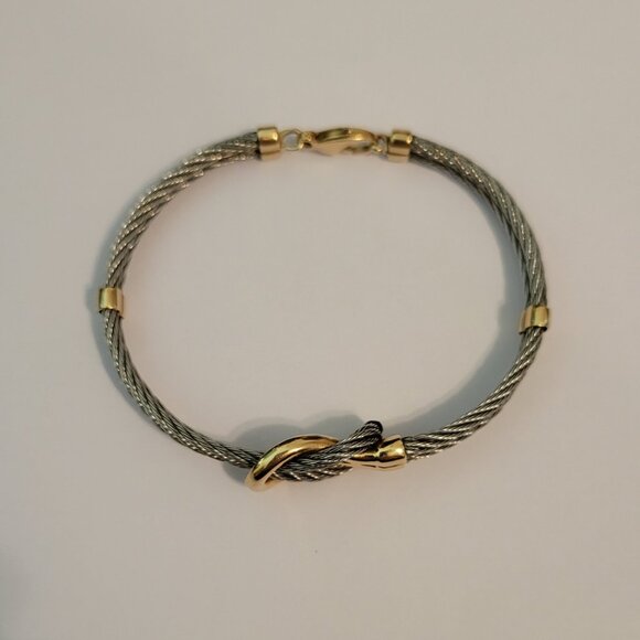 **SOLD** Vintage 14k Yellow Gold & Stainless Steel Cable Love Knot Bracelet - Picture 3 of 7